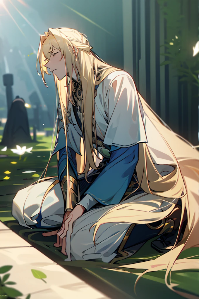 Handsome man with long blond hair praying in the sunshine in the garden,Highest quality,fine,Holy Spirit,Radiance,Full body portrait