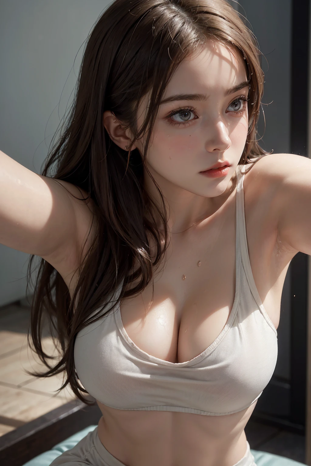 ((bad qualiity)), ((masterpiece)), (realistic), , close up of a woman in a comfy cotton cloths in evening in gym, beautiful Russian woman, seductive , sexy girl, Russian woman, gorgeous Russian, cleavage, beautiful Russian woman, breasts covered, strong abs showing through tight sleep wear, beautiful detailed body and face, Russian woman, sexy look at the camera, beautiful Russian woman, ((evening)), brown hairs, (comfy cotton cloths ), in gym, (selfie), (strong abs showing through tight cloths ), (strong abs ), (sweat),(sweating close up), (sweat dripping down neck ), (sweat dripping down forehead close up), (taken from bad quality phone), ((very realistic)),(real women), (not 2D looking), (taken from 30MP camera), (30Mega pixel image quality)