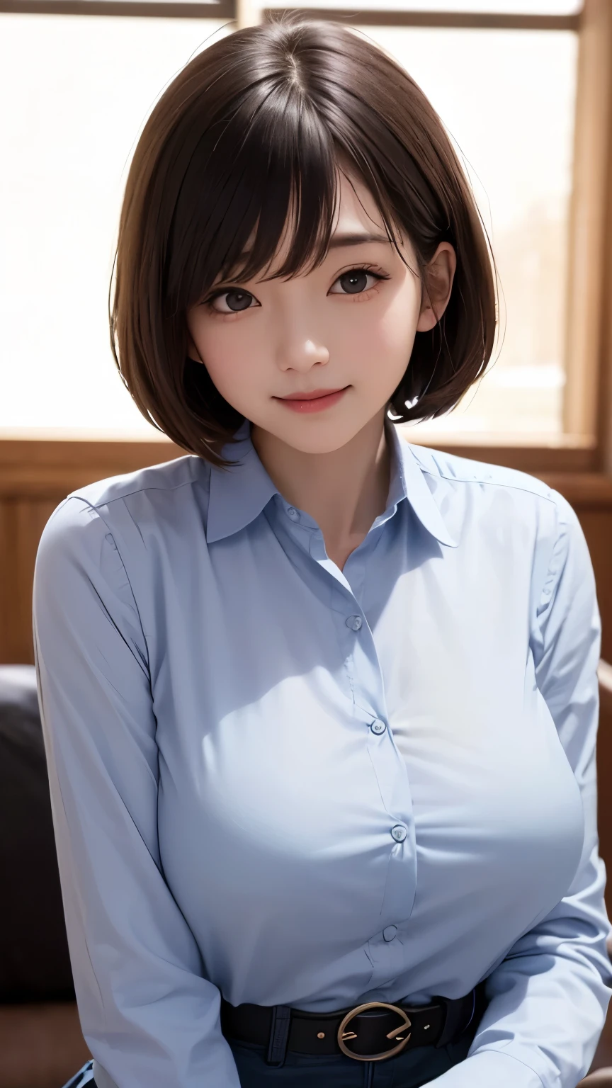(8k、Highest quality、masterpiece:1.8、bangsのあるショートボブヘア:1.8、Everything is beautifully detailed)、(Genuine、Genuineistic:1.5)、Very detailed、1 girl、cute、alone、Sitting、 (smile:1.15)、(Shut your mouth.)、big breasts、Looking into the camera、Looking into the camera胸、{gigantic|big|huge|mega} breasts, cleavage、Beautiful and beautiful eyes、big, Round eyes、Transparent double eyelids、eyelash、lips、(Collared shirt:1.6)、(short hair:1.2)、bangs、Long neck、smile、Shut your mouth.、cute face、Genuineistic skin types、Genuineの質感、Unbutton、淡いピンクのlips、There's Genuinely no background、Genuinely pure white background、28 years old,Natural light、上lipsが厚くない