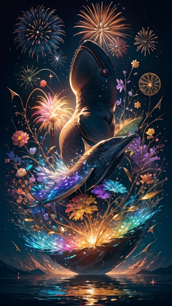 Whales、fish、whale、Whales、whaleたちに囲まれて、Mysterious Landscape、firework、firework大会、Rainbow colorsのfireworkが打ちあがっている瞬間、夜nullとともに、幻想的な海景色で壮大なfirework、future都市、Highest quality、masterpiece, (Diffuse reflection of light:1.2), When the fantastic rainbow turns into shadow, bathed in a mystical atmosphere.whaleたちも見ています, Cast magic spells. evoke a sense of wonder and awe. A fusion of natural grandeur and magic, Weaving dreams into reality. Behold, null, And the unknown, Fleeting、And an eternal moment, 16K, Ultra-high resolution.Realistic, Ultra-high resolution, to be born,future、Rainbow colorsに光り輝く、Rainbow colors、The world 30 years from now。