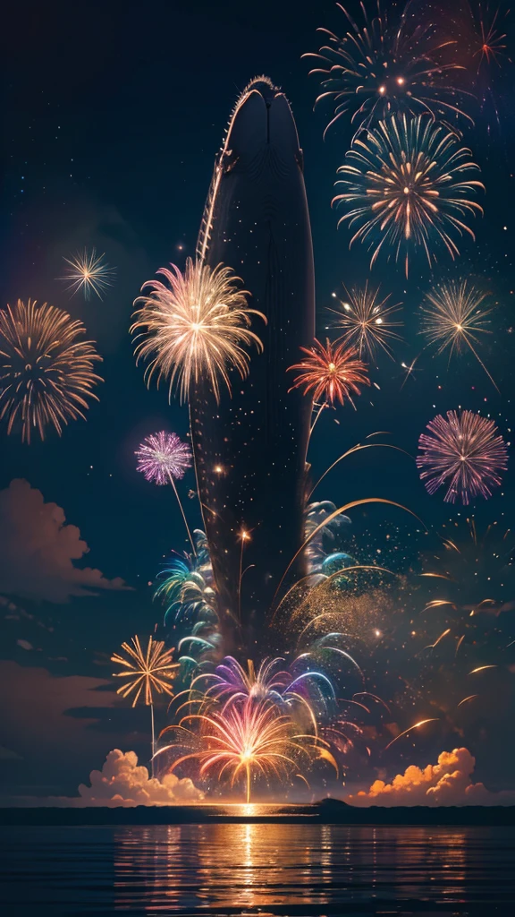 Whales、fish、whale、Whales、whaleたちに囲まれて、Mysterious Landscape、firework、firework大会、Rainbow colorsのfireworkが打ちあがっている瞬間、夜nullとともに、幻想的な海景色で壮大なfirework、future都市、Highest quality、masterpiece, (Diffuse reflection of light:1.2), When the fantastic rainbow turns into shadow, bathed in a mystical atmosphere.whaleたちも見ています, Cast magic spells. evoke a sense of wonder and awe. A fusion of natural grandeur and magic, Weaving dreams into reality. Behold, null, And the unknown, Fleeting、And an eternal moment, 16K, Ultra-high resolution.Realistic, Ultra-high resolution, to be born,future、Rainbow colorsに光り輝く、Rainbow colors、The world 30 years from now。