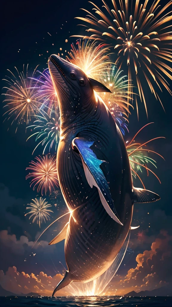Whales、fish、whale、Whales、whaleたちに囲まれて、Mysterious Landscape、firework、firework大会、Rainbow colorsのfireworkが打ちあがっている瞬間、夜nullとともに、幻想的な海景色で壮大なfirework、future都市、Highest quality、masterpiece, (Diffuse reflection of light:1.2), When the fantastic rainbow turns into shadow, bathed in a mystical atmosphere.whaleたちも見ています, Cast magic spells. evoke a sense of wonder and awe. A fusion of natural grandeur and magic, Weaving dreams into reality. Behold, null, And the unknown, Fleeting、And an eternal moment, 16K, Ultra-high resolution.Realistic, Ultra-high resolution, to be born,future、Rainbow colorsに光り輝く、Rainbow colors、The world 30 years from now。