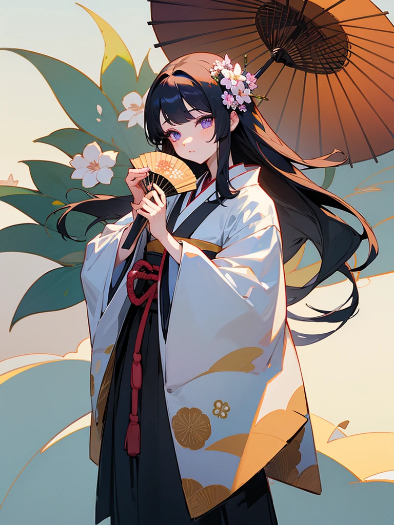 Anime illustration、masterpiece、high quality、girl1people、Long hair straight dew hair、Put flowers in your hair、Violet eyes、Eyelashes: 3 black lashes on the upper、The fingers do not collapse and are accurate.、The kimono is a white yukata with a floral pattern、Hold a fan with a diameter of 20 cm、Summer evening coolness、In front of Kanda Shitamachiya、Flower pots lined up、Morning glory、Hosuki、