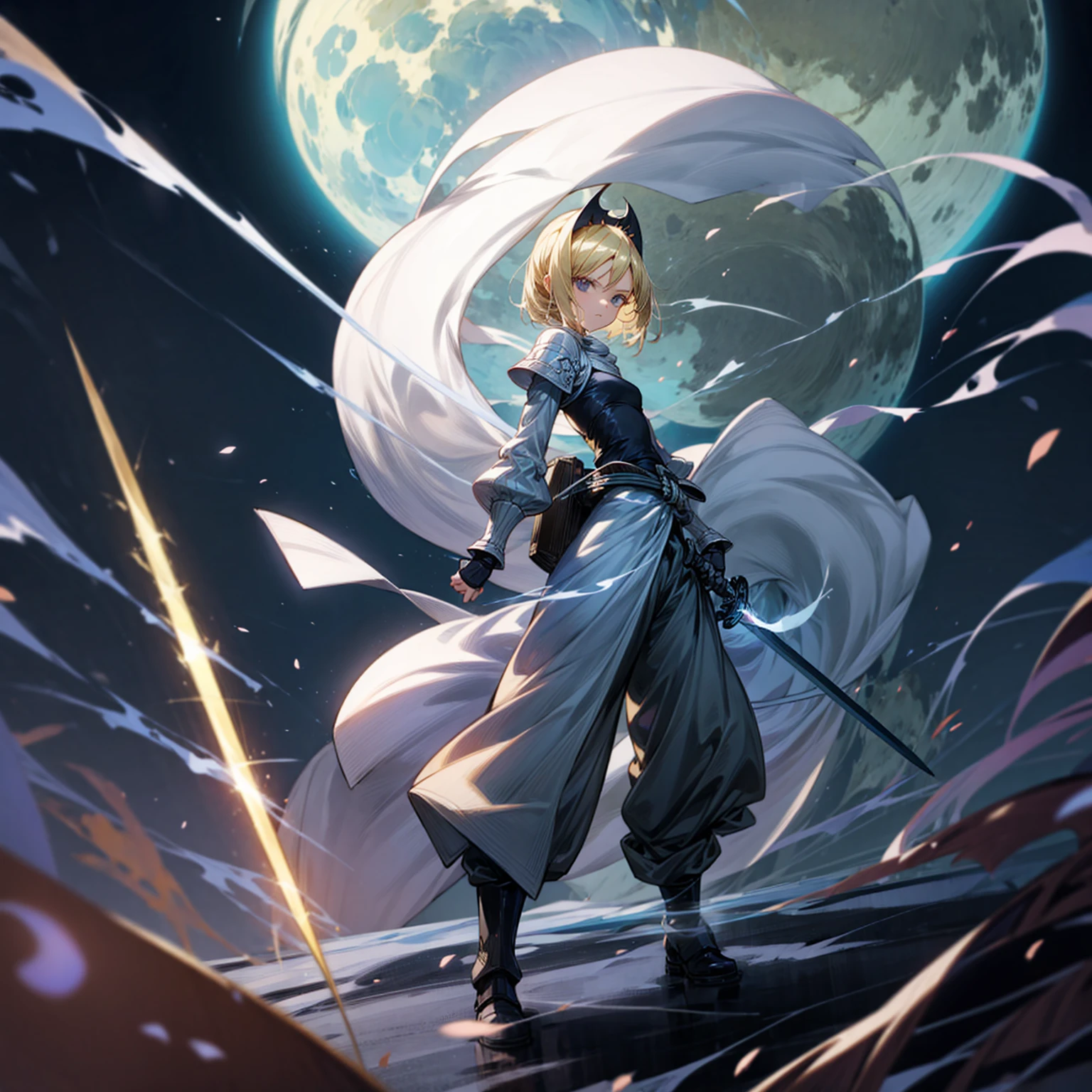 1girl, Full body version, 1character, black eyes, long Frizzy haircut, blonde colour hair, soldier knight clothing, long pants, headband, armors, boots, Grassroots, full background in field, motion blur, lighting, (one piece art), standing poses, sword in hand, lighting effect on sword, lighting blue on sword, fire effect, plasma effect, smoke effect moon, Moonlight, high angle view
