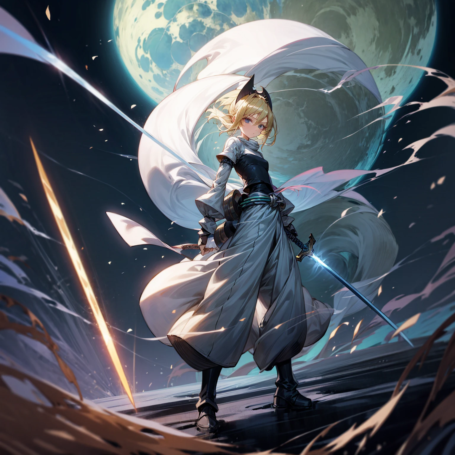 1girl, Full body version, 1character, black eyes, long Frizzy haircut, blonde colour hair, soldier knight clothing, long pants, headband, armors, boots, Grassroots, full background in field, motion blur, lighting, (one piece art), standing poses, sword in hand, lighting effect on sword, lighting blue on sword, fire effect, plasma effect, smoke effect moon, Moonlight, high angle view