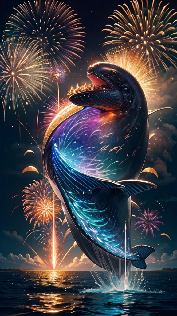 Whales、fish、whale、Whales、whaleたちに囲まれて、Mysterious Landscape、firework、firework大会、Rainbow colorsのfireworkが打ちあがっている瞬間、夜nullとともに、幻想的な海景色で壮大なfirework、future都市、Highest quality、masterpiece, (Diffuse reflection of light:1.2), When the fantastic rainbow turns into shadow, bathed in a mystical atmosphere.whaleたちも見ています, Cast magic spells. evoke a sense of wonder and awe. A fusion of natural grandeur and magic, Weaving dreams into reality. Behold, null, And the unknown, Fleeting、And an eternal moment, 16K, Ultra-high resolution.Realistic, Ultra-high resolution, to be born,future、Rainbow colorsに光り輝く、Rainbow colors、The world 30 years from now。