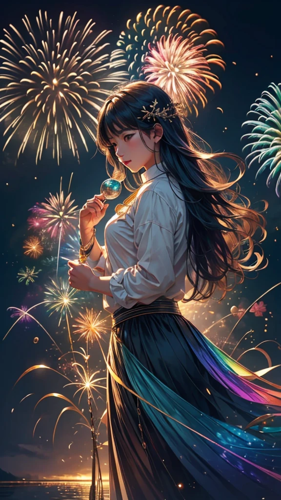 Whales、fish、whale、Whales、whaleたちに囲まれて、Mysterious Landscape、firework、firework大会、Rainbow colorsのfireworkが打ちあがっている瞬間、夜nullとともに、幻想的な海景色で壮大なfirework、future都市、Highest quality、masterpiece, (Diffuse reflection of light:1.2), When the fantastic rainbow turns into shadow, bathed in a mystical atmosphere.whaleたちも見ています, Cast magic spells. evoke a sense of wonder and awe. A fusion of natural grandeur and magic, Weaving dreams into reality. Behold, null, And the unknown, Fleeting、And an eternal moment, 16K, Ultra-high resolution.Realistic, Ultra-high resolution, to be born,future、Rainbow colorsに光り輝く、Rainbow colors、The world 30 years from now。
