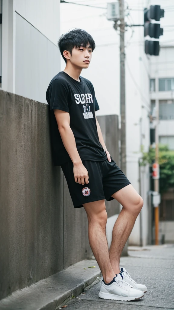 (super sharp focus), (Hairy legs), (((full body))) ,(shoot from side), Messy short hair, Japanese man, twenty years old, very short hair, Black Hair, sitting, Wearing shorts, Wearing a T-shirt,