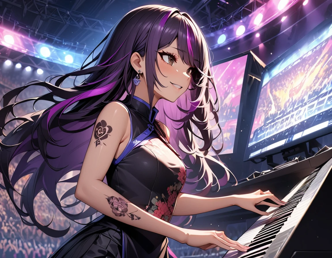 (highest quality:1.2, Very detailed, up to date, Vibrant, Ultra-high resolution, High Contrast, masterpiece:1.2, highest quality, Best aesthetics), Portraiture、girl、keyboard player、stage、performance、Rock Music、Bright colors、Beautiful fine details、Beautiful lip detail、long hair、black and purple ((streaked hair:1.6)), highlights hair: 1.5, brown eyes, slim body, (small breast:0.7), Music band、standing in keyboards booth, playing keyboards、(raise left hand high:1.5), Concert Light、Edgy Style、(colorful Cheongsam:1.2), (no sleeve:1), Dynamic Movement、hypnotic sounds、Stadium、amplifier、Loud music、(playing keyboards:1.6), (Floral Fineline tattoo design on left arm:1), Passionate performance、Sparkling stage、Concert atmosphere、Music Festival、Full of emotion、Rock star attitude、Resolute expression、Avid Fan、The presence of an attractive stage、 Expressive gestures、Rock star aura、An exciting atmosphere、An unforgettable show, closs earing, (upper body:1)
