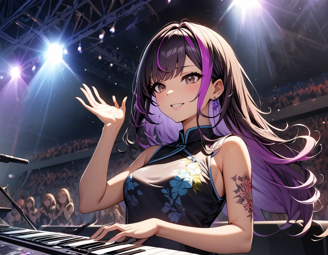 (highest quality:1.2, Very detailed, up to date, Vibrant, Ultra-high resolution, High Contrast, masterpiece:1.2, highest quality, Best aesthetics), Portraiture、girl、keyboard player、stage、performance、Rock Music、Bright colors、Beautiful fine details、Beautiful lip detail、long hair、black and purple ((streaked hair:1.6)), highlights hair: 1.5, brown eyes, slim body, (small breast:0.7), Music band、standing in keyboards booth, playing keyboards、(raise left hand high:1.5), Concert Light、Edgy Style、(colorful Cheongsam:1.2), (no sleeve:1), Dynamic Movement、hypnotic sounds、Stadium、amplifier、Loud music、(playing keyboards:1.6), (Floral Fineline tattoo design on left arm:1), Passionate performance、Sparkling stage、Concert atmosphere、Music Festival、Full of emotion、Rock star attitude、Resolute expression、Avid Fan、The presence of an attractive stage、 Expressive gestures、Rock star aura、An exciting atmosphere、An unforgettable show, closs earing, (upper body:1)