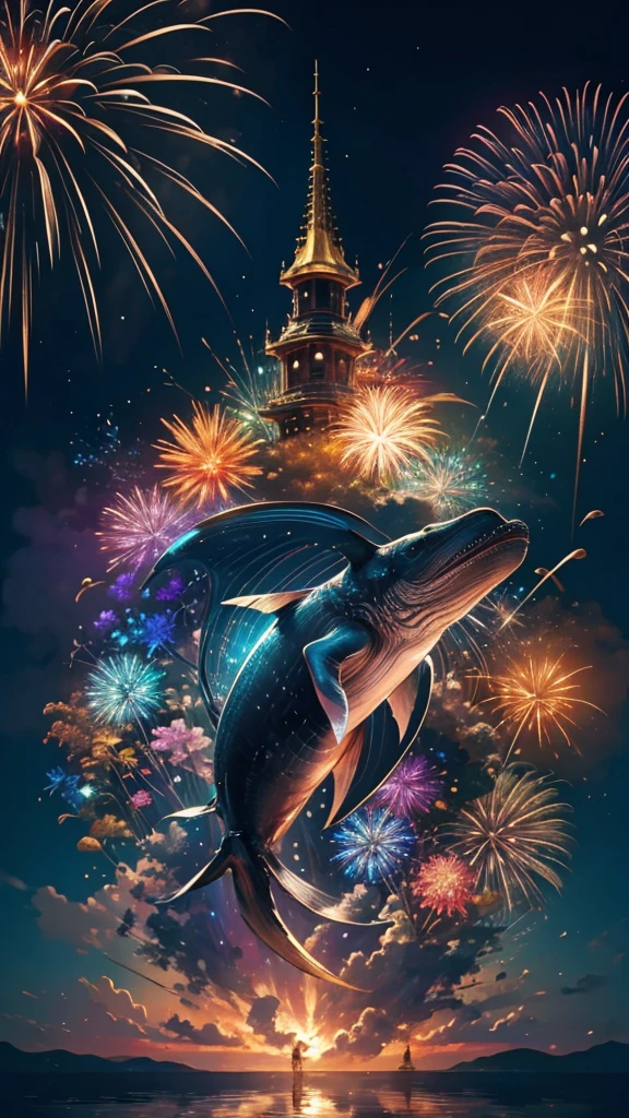 Whales、fish、whale、Whales、whaleたちに囲まれて、Mysterious Landscape、firework、firework大会、Rainbow colorsのfireworkが打ちあがっている瞬間、夜nullとともに、幻想的な海景色で壮大なfirework、future都市、Highest quality、masterpiece, (Diffuse reflection of light:1.2), When the fantastic rainbow turns into shadow, bathed in a mystical atmosphere.whaleたちも見ています, Cast magic spells. evoke a sense of wonder and awe. A fusion of natural grandeur and magic, Weaving dreams into reality. Behold, null, And the unknown, Fleeting、And an eternal moment, 16K, Ultra-high resolution.Realistic, Ultra-high resolution, to be born,future、Rainbow colorsに光り輝く、Rainbow colors、The world 30 years from now。