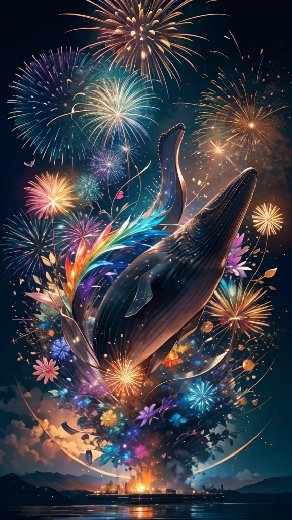 Whales、fish、whale、Whales、whaleたちに囲まれて、Mysterious Landscape、firework、firework大会、Rainbow colorsのfireworkが打ちあがっている瞬間、夜nullとともに、幻想的な海景色で壮大なfirework、future都市、Highest quality、masterpiece, (Diffuse reflection of light:1.2), When the fantastic rainbow turns into shadow, bathed in a mystical atmosphere.whaleたちも見ています, Cast magic spells. evoke a sense of wonder and awe. A fusion of natural grandeur and magic, Weaving dreams into reality. Behold, null, And the unknown, Fleeting、And an eternal moment, 16K, Ultra-high resolution.Realistic, Ultra-high resolution, to be born,future、Rainbow colorsに光り輝く、Rainbow colors、The world 30 years from now。