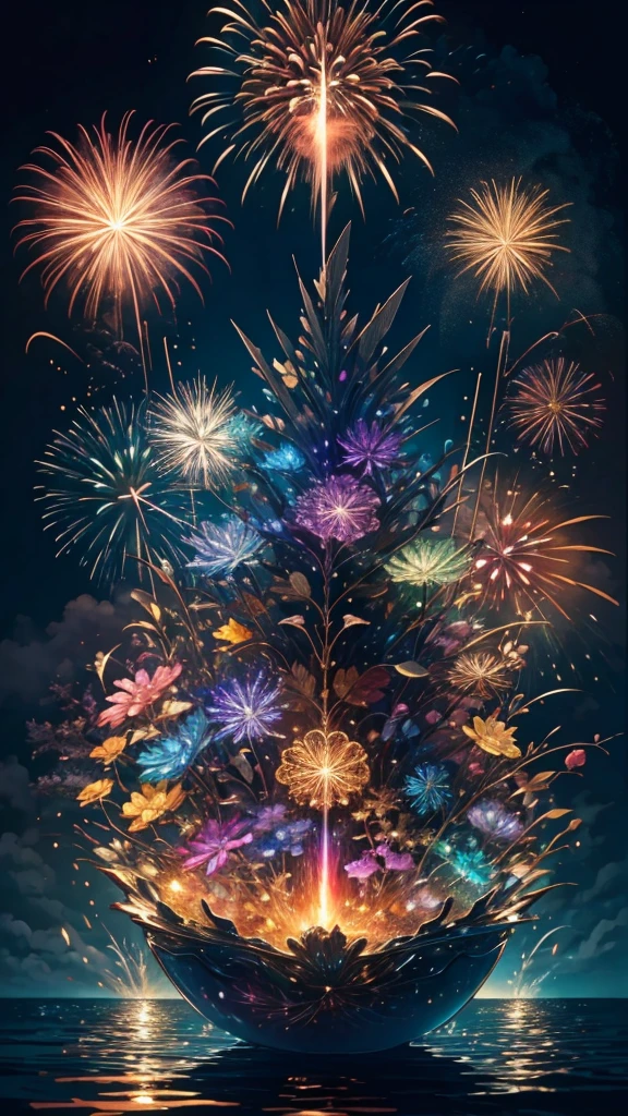 Whales、fish、whale、Whales、whaleたちに囲まれて、Mysterious Landscape、firework、firework大会、Rainbow colorsのfireworkが打ちあがっている瞬間、夜nullとともに、幻想的な海景色で壮大なfirework、future都市、Highest quality、masterpiece, (Diffuse reflection of light:1.2), When the fantastic rainbow turns into shadow, bathed in a mystical atmosphere.whaleたちも見ています, Cast magic spells. evoke a sense of wonder and awe. A fusion of natural grandeur and magic, Weaving dreams into reality. Behold, null, And the unknown, Fleeting、And an eternal moment, 16K, Ultra-high resolution.Realistic, Ultra-high resolution, to be born,future、Rainbow colorsに光り輝く、Rainbow colors、The world 30 years from now。