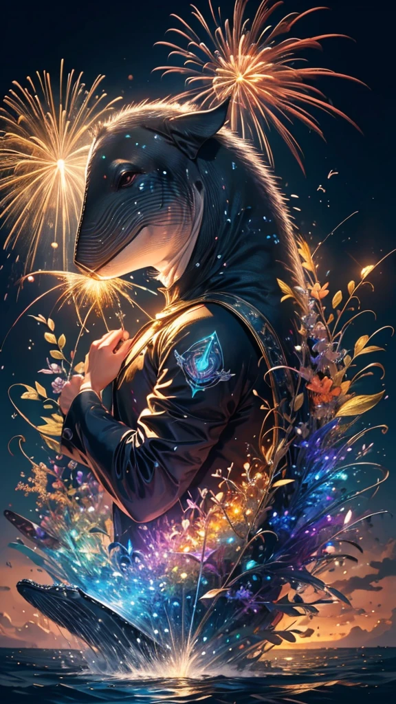Whales、fish、whale、Whales、whaleたちに囲まれて、Mysterious Landscape、firework、firework大会、Rainbow colorsのfireworkが打ちあがっている瞬間、夜nullとともに、幻想的な海景色で壮大なfirework、future都市、Highest quality、masterpiece, (Diffuse reflection of light:1.2), When the fantastic rainbow turns into shadow, bathed in a mystical atmosphere.whaleたちも見ています, Cast magic spells. evoke a sense of wonder and awe. A fusion of natural grandeur and magic, Weaving dreams into reality. Behold, null, And the unknown, Fleeting、And an eternal moment, 16K, Ultra-high resolution.Realistic, Ultra-high resolution, to be born,future、Rainbow colorsに光り輝く、Rainbow colors、The world 30 years from now。