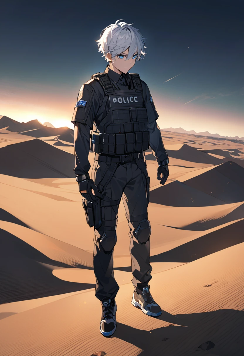 Male black police suit, solo, white hair, blue eyes, short hair, desert, night