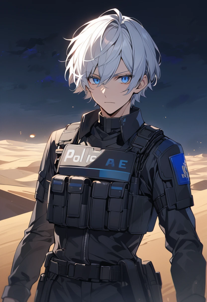 Male black police suit, solo, white hair, blue eyes, short hair, desert, night