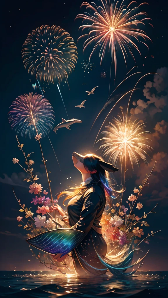 Whales、fish、whale、Whales、whaleたちに囲まれて、Mysterious Landscape、firework、firework大会、Rainbow colorsのfireworkが打ちあがっている瞬間、夜nullとともに、幻想的な海景色で壮大なfirework、future都市、Highest quality、masterpiece, (Diffuse reflection of light:1.2), When the fantastic rainbow turns into shadow, bathed in a mystical atmosphere.whaleたちも見ています, Cast magic spells. evoke a sense of wonder and awe. A fusion of natural grandeur and magic, Weaving dreams into reality. Behold, null, And the unknown, Fleeting、And an eternal moment, 16K, Ultra-high resolution.Realistic, Ultra-high resolution, to be born,future、Rainbow colorsに光り輝く、Rainbow colors、The world 30 years from now。