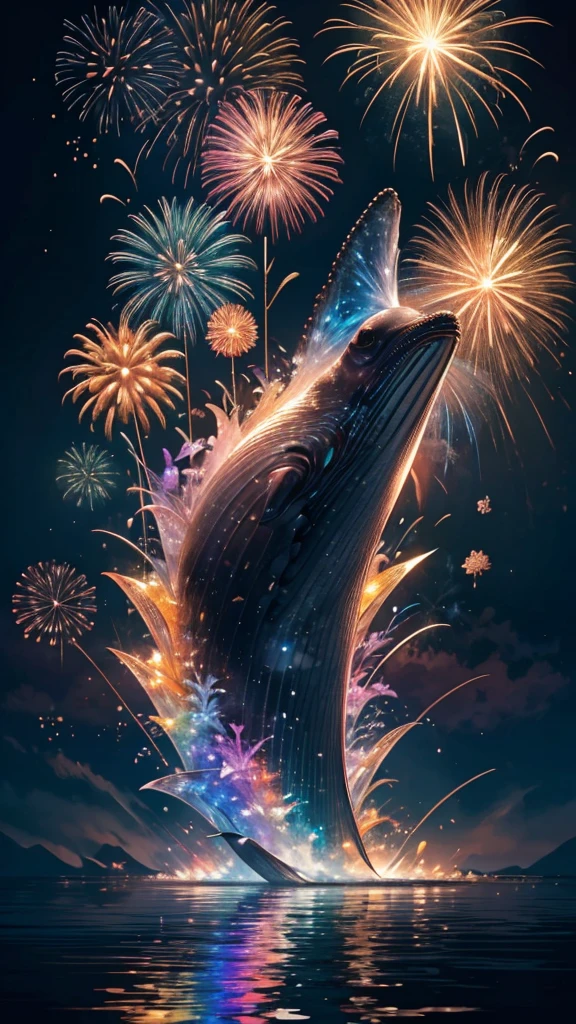 Whales、fish、whale、Whales、whaleたちに囲まれて、Mysterious Landscape、firework、firework大会、Rainbow colorsのfireworkが打ちあがっている瞬間、夜nullとともに、幻想的な海景色で壮大なfirework、future都市、Highest quality、masterpiece, (Diffuse reflection of light:1.2), When the fantastic rainbow turns into shadow, bathed in a mystical atmosphere.whaleたちも見ています, Cast magic spells. evoke a sense of wonder and awe. A fusion of natural grandeur and magic, Weaving dreams into reality. Behold, null, And the unknown, Fleeting、And an eternal moment, 16K, Ultra-high resolution.Realistic, Ultra-high resolution, to be born,future、Rainbow colorsに光り輝く、Rainbow colors、The world 30 years from now。