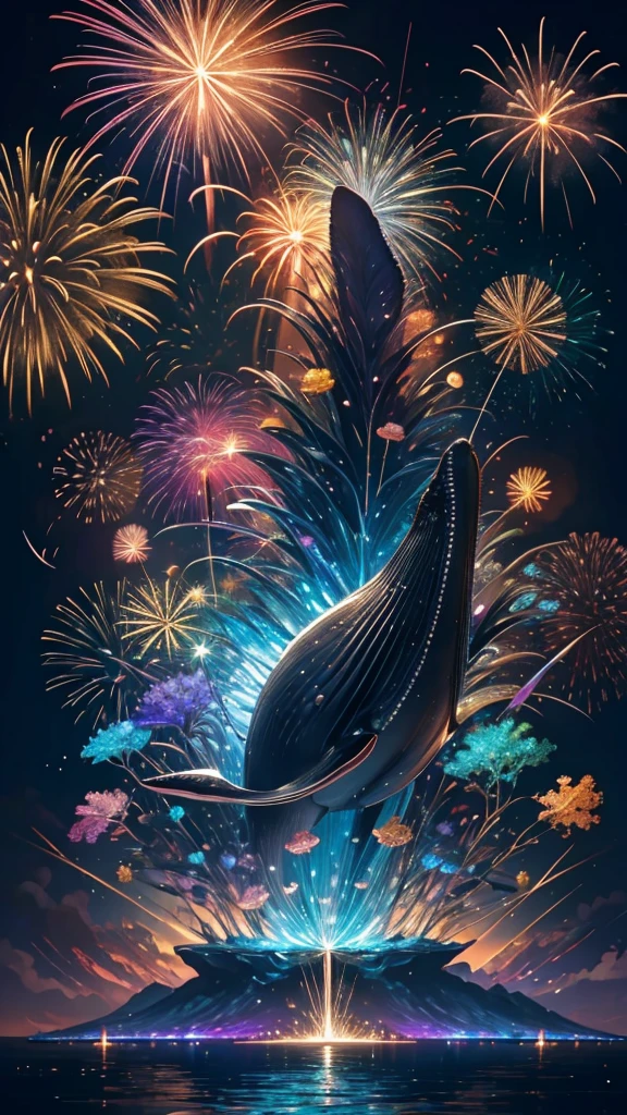 Whales、fish、whale、Whales、whaleたちに囲まれて、Mysterious Landscape、firework、firework大会、Rainbow colorsのfireworkが打ちあがっている瞬間、夜nullとともに、幻想的な海景色で壮大なfirework、future都市、Highest quality、masterpiece, (Diffuse reflection of light:1.2), When the fantastic rainbow turns into shadow, bathed in a mystical atmosphere.whaleたちも見ています, Cast magic spells. evoke a sense of wonder and awe. A fusion of natural grandeur and magic, Weaving dreams into reality. Behold, null, And the unknown, Fleeting、And an eternal moment, 16K, Ultra-high resolution.Realistic, Ultra-high resolution, to be born,future、Rainbow colorsに光り輝く、Rainbow colors、The world 30 years from now。