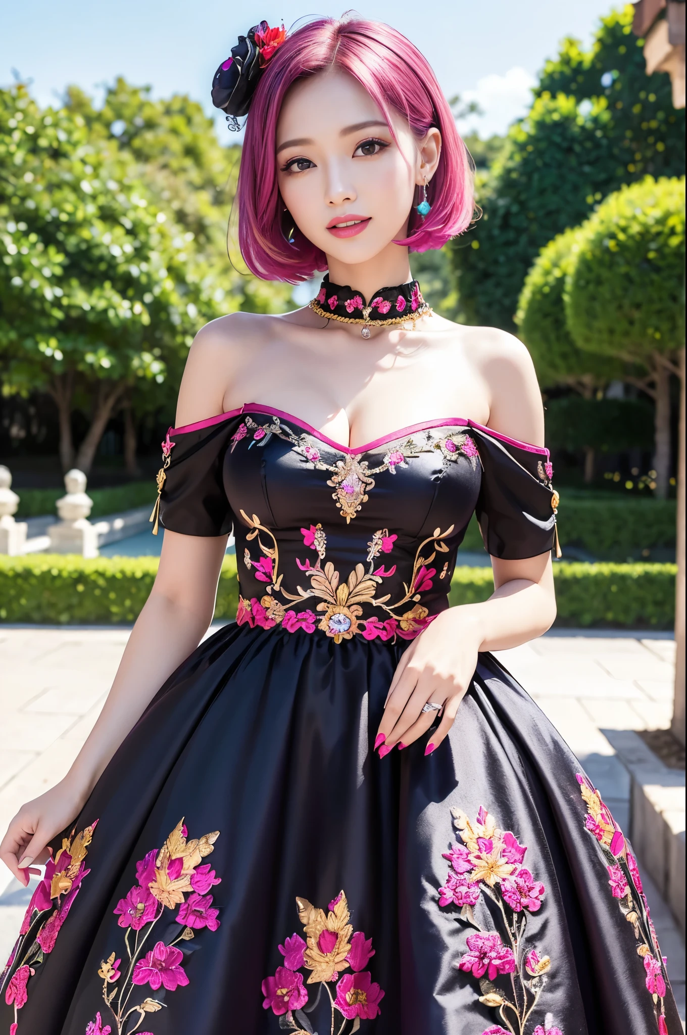 (masterpiece:1.4), (best quality:1.4), ultra high res, ultra high resolution, ((detailed facial features)), HDR, (realistic, photorealistic, photo-realistic:1.37), full body Esbian, sexy Vietnamese model, (-anime), vivid colors, ((vivid colors multicolor (pink, red, purple) very short hair)), (happy smile), lip-gloss, long lashes, ultra detailed metallic makeup, defined eyebrows, wearing large sparkling colorful jewelery, (wearing a red silk Paradise Kiss cosplay dress with black floral embroidery), ((vivid colors outfit)), vivid colors, look at the camera, cinematic light, large park background with trees, sweet and sexy pose
