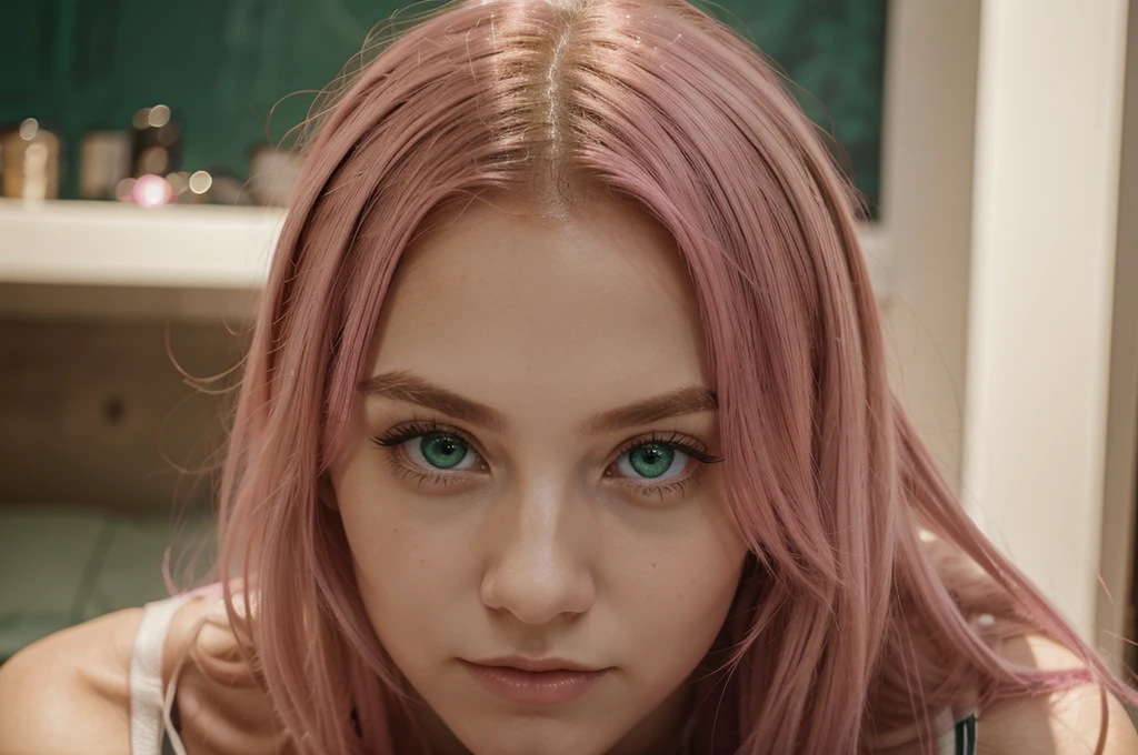 masterpiece, Best quality, 1 girl, pink_hair, green_eyes, ,