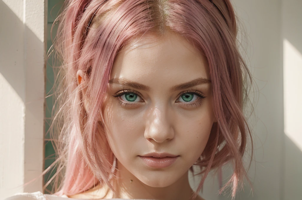 masterpiece, Best quality, 1 girl, pink_hair, green_eyes, ,