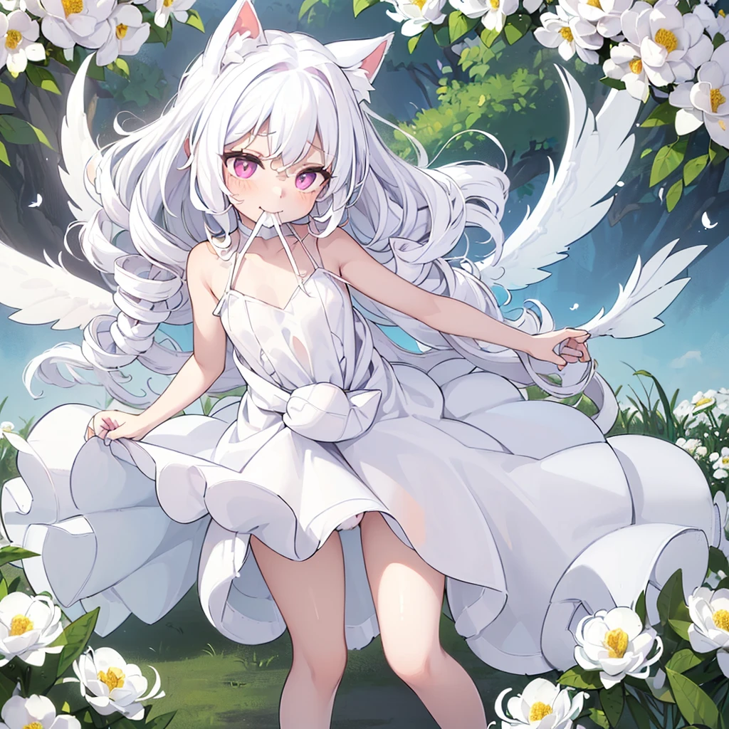 ((One girl)), (Standing diagonally facing forward:1.2), (Slightly bulging chest), (Slightly healthy tanned skin on face:0.7), (reddish-purple eyes, (mouth open with joy:1.5)
BREAK
(White cat ears:1.2), Inside the cat ears is paw-colored,
BREAK
(Pure white hair:1.6), (Softly curled pure white hair:1.6), (The hair under the cat ears behind the side hair flows forward and curls strongly on the collarbone:1.6), (Other hair is devided into several strands:1.6), (divided into several drill hair:1.4), (Hair weighs on her shoulders:1.6), (mideum length hair press down on her shoulders:1.6),
BREAK
(Pure white wings on upper body:1.2), (straight wings:1.3), (wings are small and short like a baby bird:2.0), 
BREAK
(simple dress made entirely of white:1.5), (dress with slightly exposed shoulders:1.1), sleeveless, (waist tied with string:1.3), (plenty of gathers below the waist:1.4), (dress reaches the knees:1.6), petticoat is white or absent,
BREAK
(wide green grassland:1.6), (lots of white flowers:1.6), (wide clear blue sky:1.4)