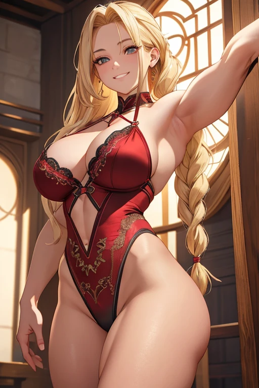 A beautiful blonde woman with three braids and deep red eyes, wearing sexy panties, gazing condescendingly at the viewer with a cute grinning expression, extremely detailed and realistic, masterpiece quality, ultra-detailed, HDR, studio lighting, vivid colors, physically-based rendering, thick muscular thighs, beautiful muscular thighs, cute wrestler