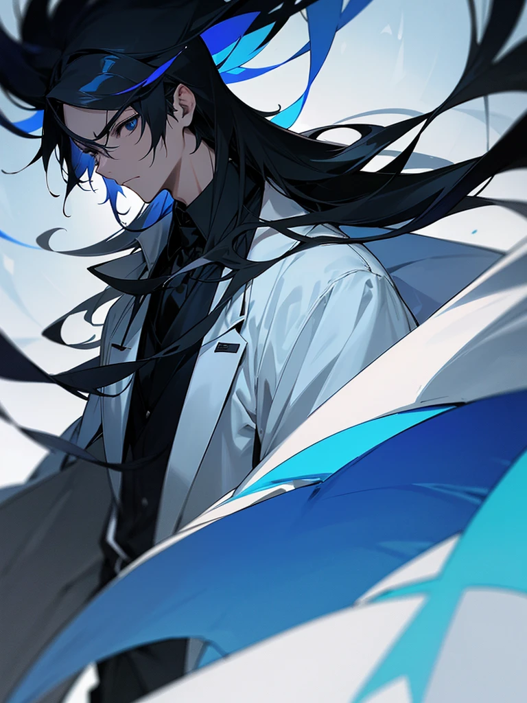 The image features an anime character with long black hair highlighted with blue. The character has a serious and calm expression, with large, clear black eyes. They are wearing a white coat over a high-collared black shirt. The background of the image is black