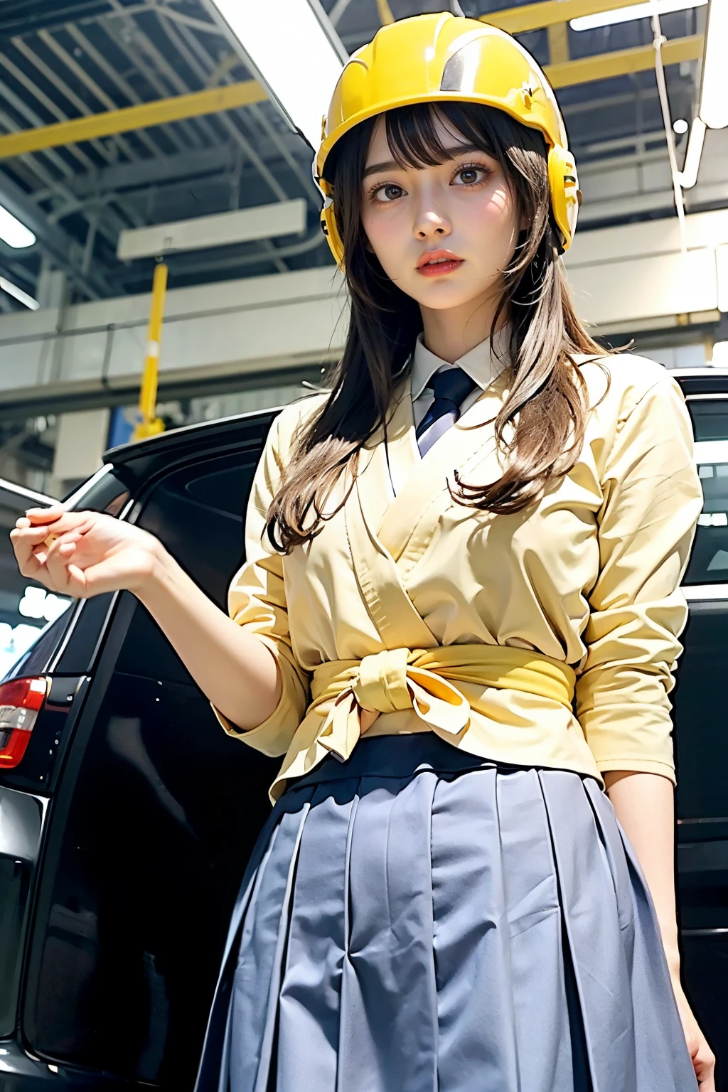 Masterpiece, bokeh, Beautiful face, (Japanese idle:1.6), (school uniform:1.3), (Working in Japanese car factory:1.5), (Yellow helmet:1.3), (From below:1.5),