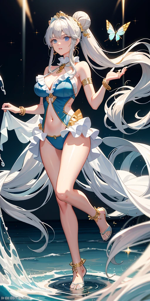 High resolution, masterpiece, Accurate, Highest quality, number々Awards for, High resolutionモデル,
Heavy bangs, Silver Hair, Wet Hair, 1 bun, Super long hair, ponytail thin、White skin, Ice blue eyes butterfly hair accessory, Crystal Earrings,Gold anklet swimsuit, Bikini with ruffles,
whole body, Character portrait