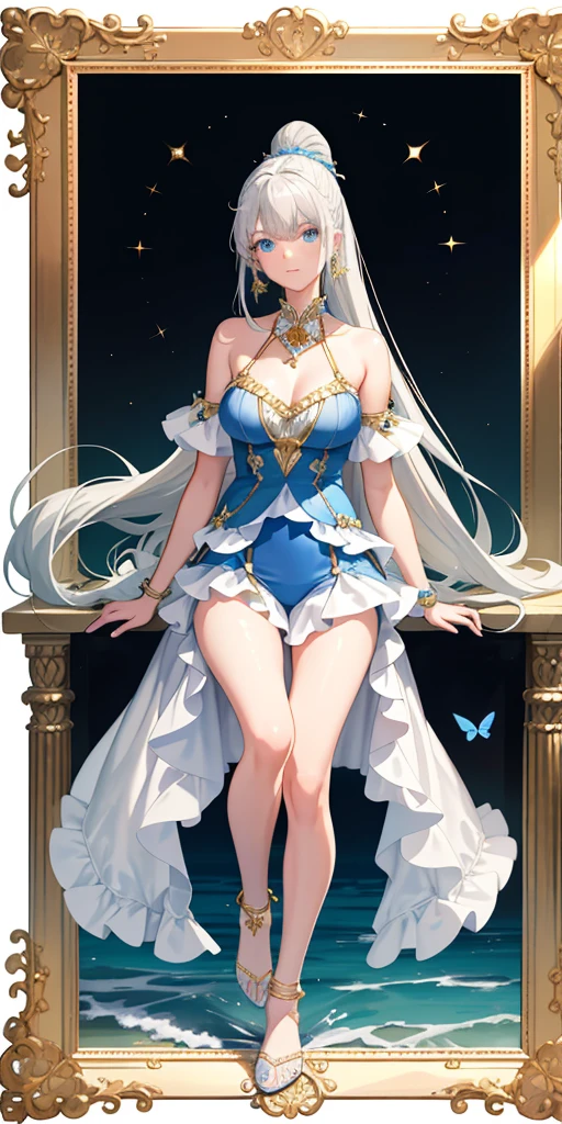 High resolution, masterpiece, Accurate, Highest quality, number々Awards for, High resolutionモデル, 
Heavy bangs, Silver Hair, Wet Hair, 1 bun,  Super long hair, ponytail thin、White skin, Ice blue eyes butterfly hair accessory, Crystal Earrings,Gold anklet swimsuit, Bikini with ruffles,
whole body, Character portrait