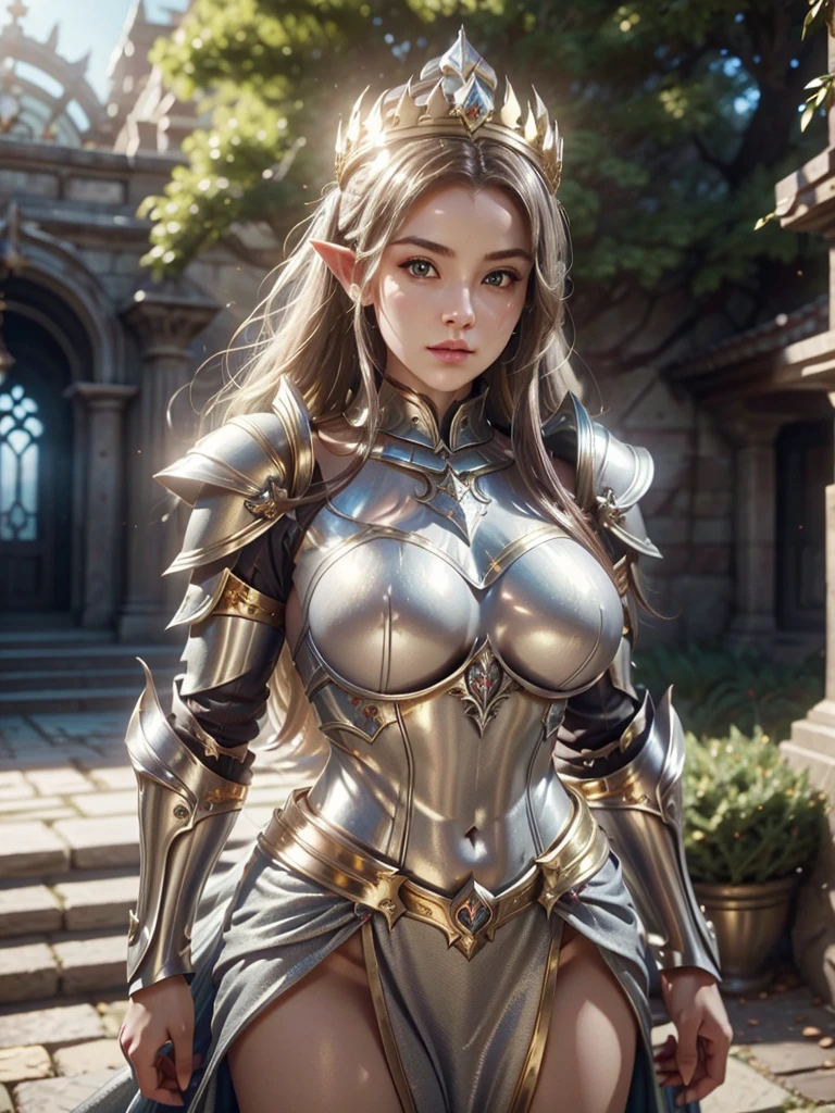 Realistic image cinematic shadows. in the courtyard. of the kingdom. There is Elven Woman Queen, With Crown, Illuminated Face, Hips, Toned, Big Round Breasts and Big Breasts, ((spruce neckline in a silver armor, gold ornaments)) reflecting the sunlight.