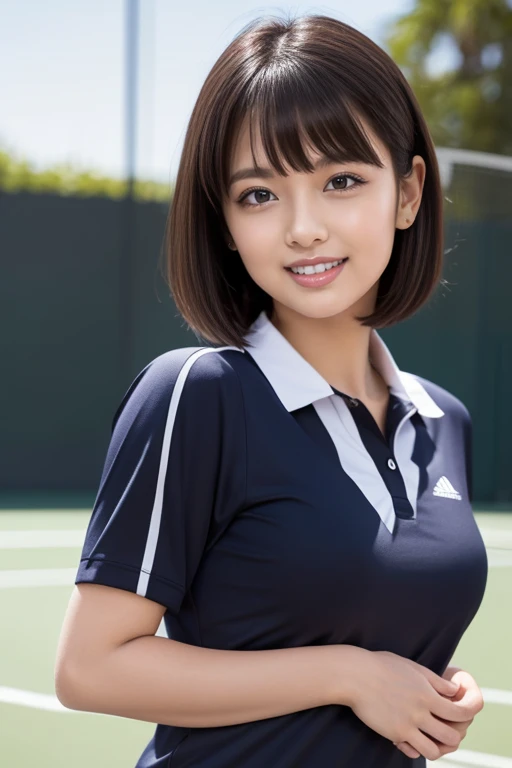 masterpiece)、(Highest quality:1.5)、(Photorealistic:1.2)、(Surreal), (High resolution), (Realistic), (Post-processing),(Sharp focus), Sharp focus:1.2,Backlight, (Improvement of quality:1.4), (Narrow waist)、((Perfectly detailed five-fingered hands)),(Anatomically correct body)、((1 female:1.4))、Japanese、Realistic Skin、(Small chest:1.4)、Bust size is A cup、Pretty woman with perfect figure:1.4,(from the front:1.5), (Enhances the beauty of skin texture:1.1),No makeup、美しいBlack Hair、smile、Natural color lip、(Small Mouth:1.4)、The mouth is not open、Thick lips、(Oval Face)、Even bangs、Hide eyebrows with bangs、((33-year-old woman))、Bob Hair、Hair blowing in the wind, (Black Hair, Iris, Watery eyes, Shining Eyes, Bob cut hair,), Hair behind the ear、No makeup、(Drooping eyes)、(((One lovely woman)),((優しい大きなsmile)),(( Small breasts,Small breastsの谷間)),((((Plump Cheeks)))),very cute,(Baby Face),Raccoon face,Tennis uniform、Tennis court