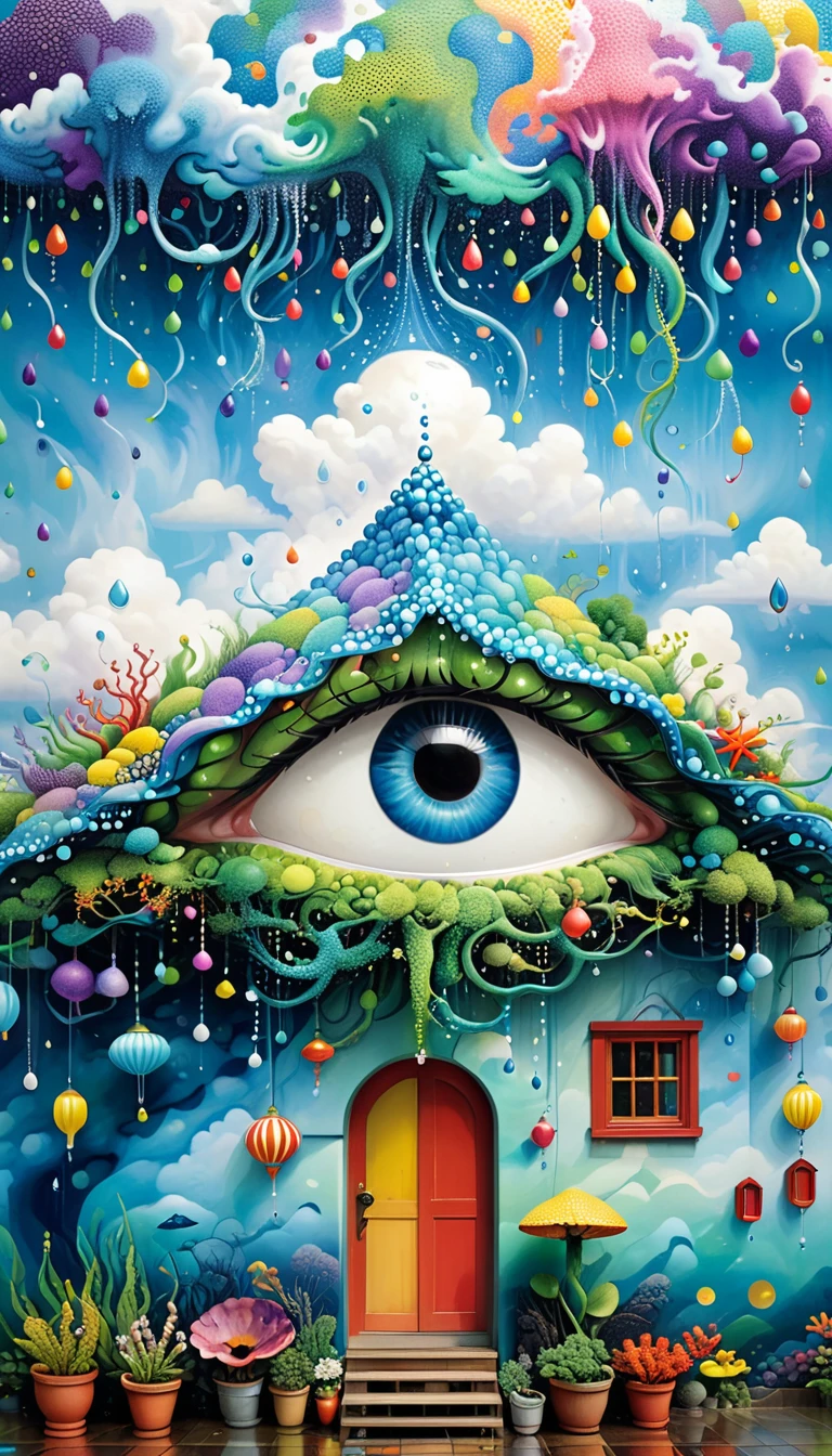 Strong visual fusion of multiple elements,Broto,来自Star的艺术家,Dopamine color scheme,house、Eye、Bead curtains、pearl、Star、cloud、Spore powder、Ocean、rain、Tentacles,Describing the inner world of autistic people,密集Pointillism method。Smooth lines。interesting,Strange illustration。Pointillism method。Strong contrast。Award-winning works。