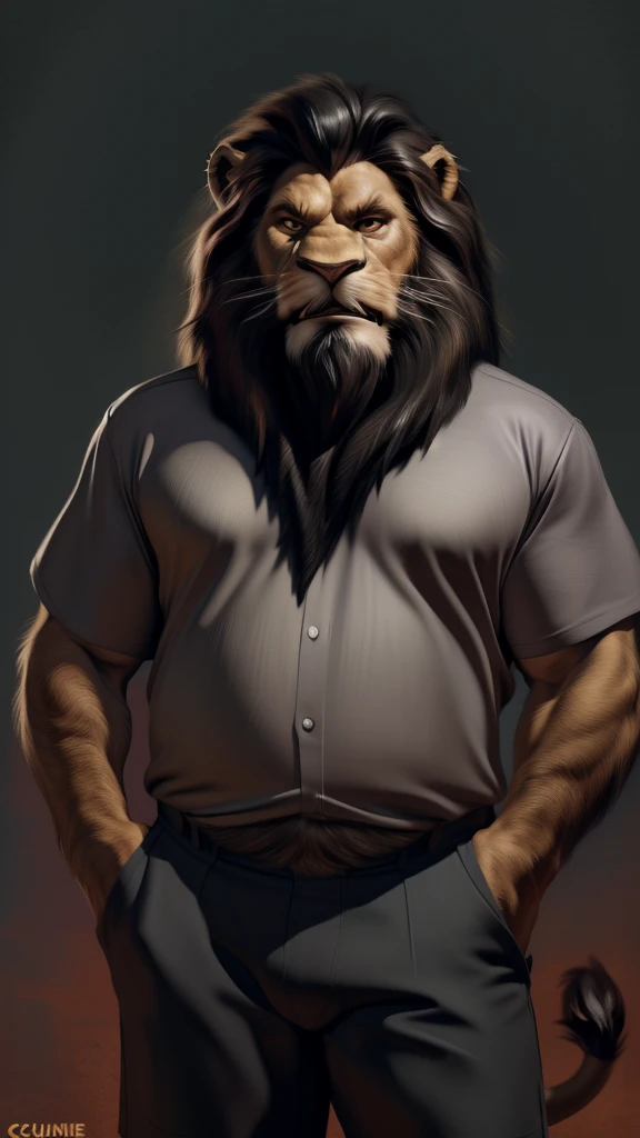 by chunie by catsudon by retros, male,ridiculuous,((Angry)),((middle aged male)),((Bearded)),((Mustache)), felid, solo, ((Lion,tail)),(Black hair), facial hair, facing viewer, ((Highly detailed face)), (((Grandpa Figure))), ((smilling)), red and orange abstract background, ((grey shirt)),((short pants)),, ((((wise)))),((DILF)),