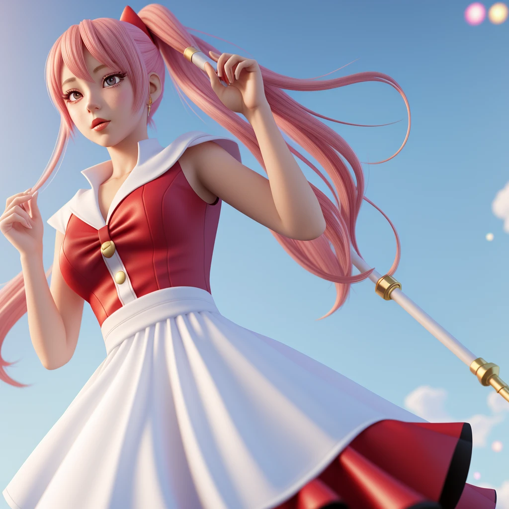 anime - style girl with a white cape and red dress holding a wand from back, anime-styled 3d, render of a cute 3d anime girl, cute! c4d, stylized anime, y 2 k cutecore clowncore, bubbly, bubble goth, cute 3 d render, kawaii hq render, anime stylized, 3d anime girl, high res render, blured gradation background