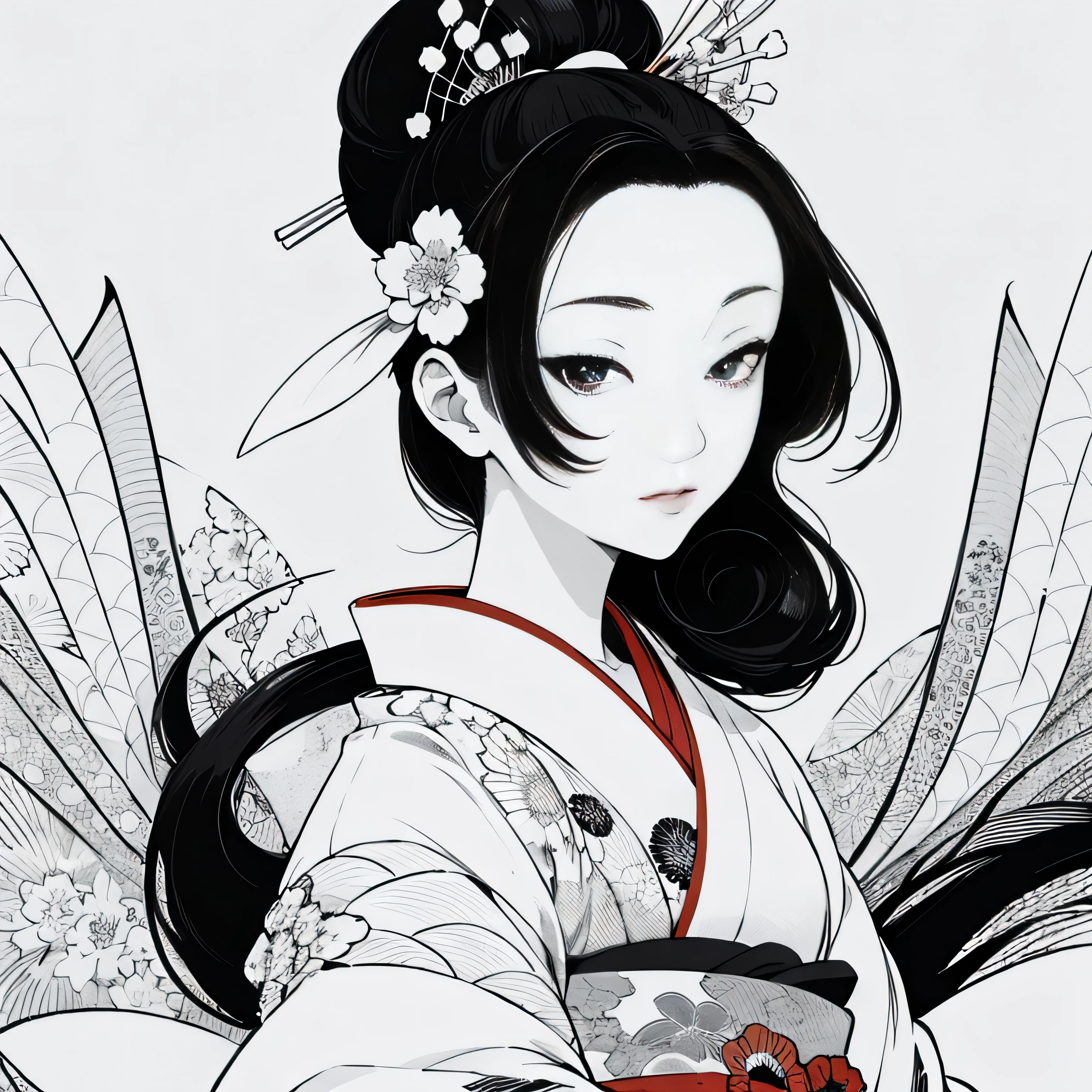 Create images inspired by the beauty of Japanese Ukiyo-e art, With delicate lines, Flat Color, Focus on patterns and composition. kimono white,kaleidoscope background,Black and White