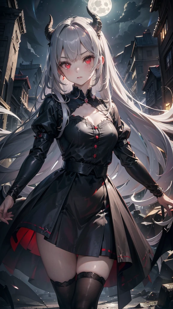 (Highest quality,Very detailed,High resolution:1.2),One Girl,Gray Hair,The most beautiful girl in human history,暗い red eyes (暗いred eyes:1.1),暗い aura(aura:1.1),(mysterious,Ghostly:1.1) atmosphere,Looks like half a demon,(Demonic traits,Devilish Features),(Elaborate,Brilliant) ,Small Ass、Long, slender legs、Black Stockings,Knee-length skirt、Gothic Lolita style clothing、,Black long coat、A big full moon shines in the dark night sky
