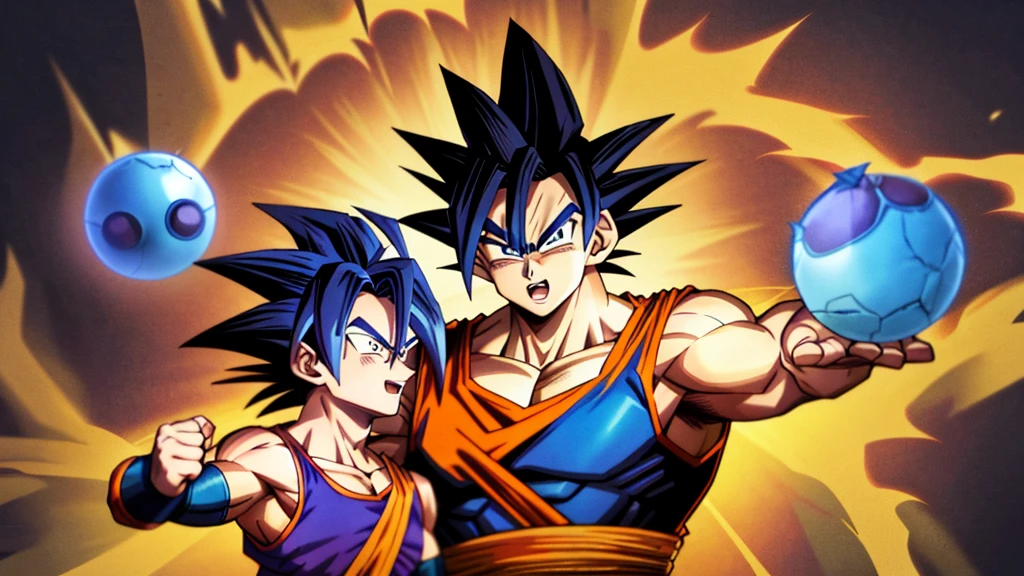 Dragon Ball Goku's depiction in this artwork:

- Medium: Hand-drawn using pencil and ink
- Subjects: Goku and Vegeta
- Style: Adhering to the distinctive Dragon Ball artstyle created by Akira Toriyama, with Vegeta's hair following the comical "cabelo vegeta" concept
- Themes: Inspired by the Dragon Ball and Dragon Ball Z series, showcasing Goku in his Super Saiyan Blue form
- Detail: Highly detailed portraits of both characters, capturing the unique features of their Black Saiyan hair (Goku's wild spikes and Vegeta's
