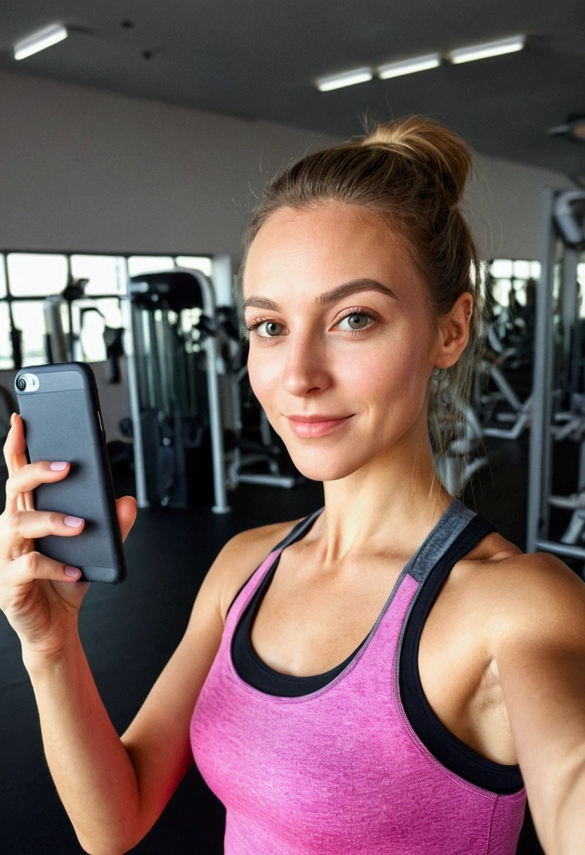 Make a woman of British and German descent taking a selfie at the gym in fitness clothes