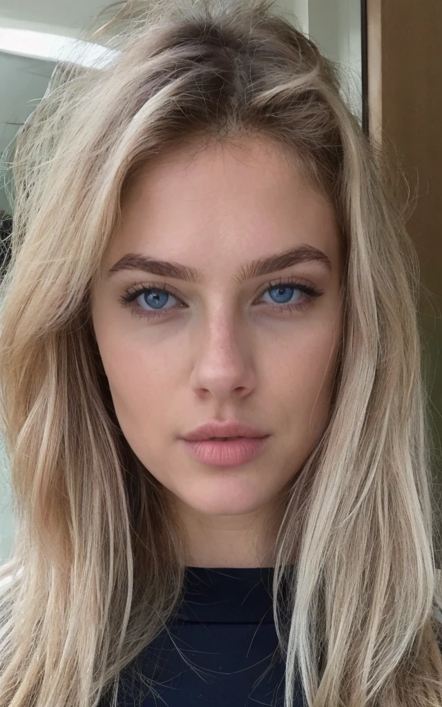 Femme avec de long cheveux blond ultra réaliste, ultra détaillée, regarde l'objectif, avec des yeux bleu claire, gros seins, expression neutre, photo de profil instagram.