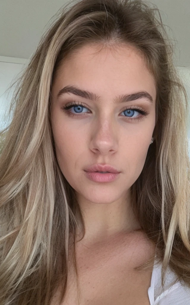Femme avec de long cheveux blond ultra réaliste, ultra détaillée, regarde l'objectif, avec des yeux bleu claire, gros seins, expression neutre, photo de profil instagram.