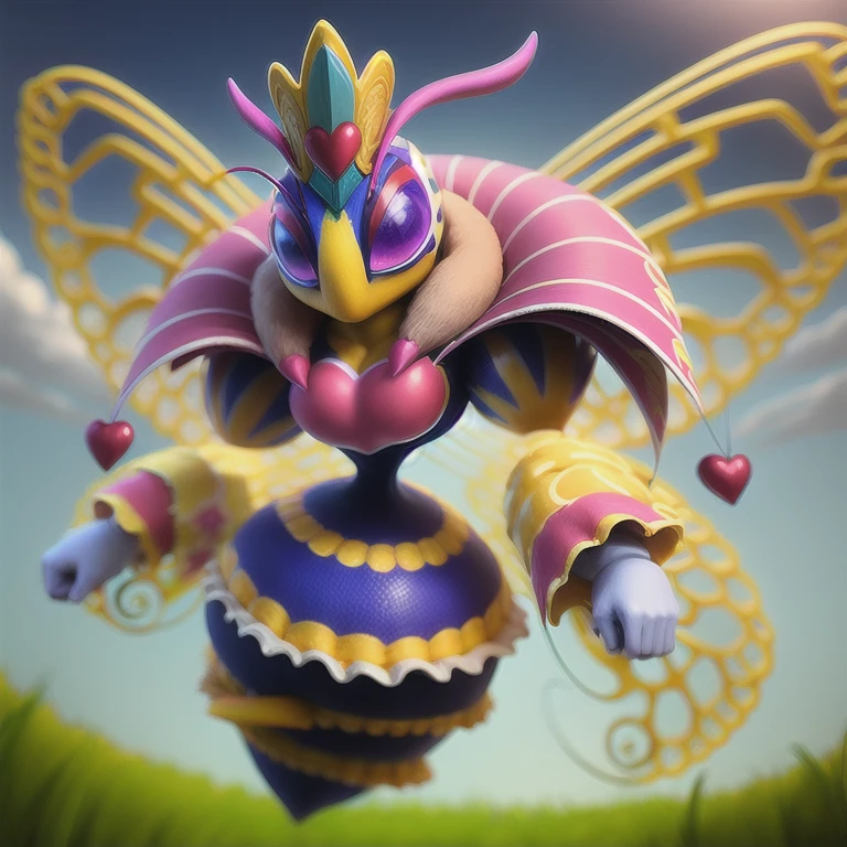 a queen bee, female, four golden wings, fur around the neck, dressed in a blue and yellow queen's outfit, queen's gloves, floating hands, pink heart on the chest, other small hearts on her clothes, in a sky