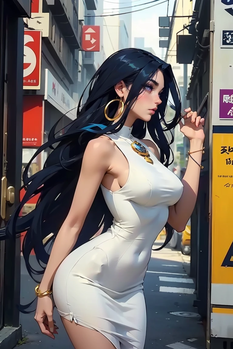 Goddess ((goddess-like woman)), slim elegant silhouette, masterpiece, (close angle), best quality, pale skin, fair skin, sweet face, (masterpiece:1,2, best quality), (real picture, intricate details), (1 lady , solo, medium tits, slim waistline, ), ((Jinx/LOL)),beautiful face, kissable lips, long dark blue hair with a lighter blue streak, (long dark blue hair with a lighter blue streak), dark blue hair, hair with a lighter blue streak, right eye covered by hair, LONG HAIR, (Long dark blue hair that reaches down to her hips), perfect makeup, realistic face, detailed purple eyes, (purple eyes) bright purple eyes, long hair, eyelashes, mouth slightly open, she has an impressive presence., bracelet, hoop earrings, jewelry, beautiful face, beautiful eyes, Side Pose, Side View, She is wearing a stunningly beautiful golden evening dress and high heels with straps. sweet irresistible smile, elegant pose, elegant hands, beautiful hands, perfect fingers, background: She is standing in a Big city, busy city, dance club, outside, blue sky,