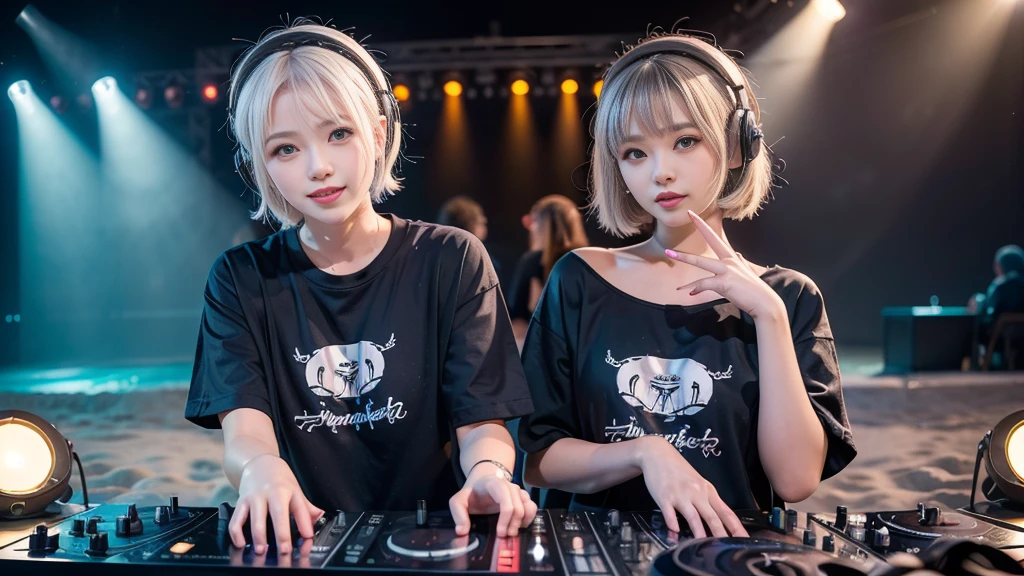 (ultra - detailed, 16K resolution, Cinema lenses, rendering by octane), (high resolution:1.18), intricate detail, (masterpiece:1.1), (highest quality:1.1), (1girl, portrait, white hair, blue eyes, short hair, detailed eyes),Wearing silver DJ headphones, sequined T-shirt, (in the beach:1.5), (Iconic hip-hop pop costumes:1.3), Smile while DJing on stage, DJ studio next to the beach, ((A stylish DJ stage on a hill overlooking the beach)), full body shot, Photorealistic photography by Sunshine, (cute round face:1.3), perfect fingers, five fingers, beautiful hands, perfect hands. master peace, cute smile, Fixhand.