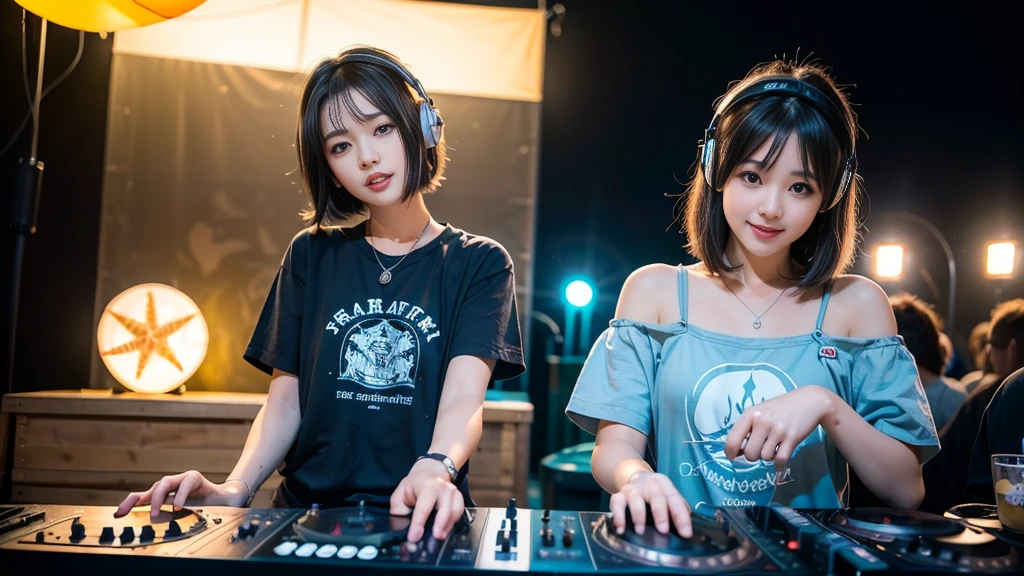 (ultra - detailed, 16K resolution, Cinema lenses, rendering by octane), (high resolution:1.18), intricate detail, (masterpiece:1.1), (highest quality:1.1), (1girl, portrait, white hair, blue eyes, short hair, detailed eyes),Wearing silver DJ headphones, sequined T-shirt, (in the beach:1.5), (Iconic hip-hop pop costumes:1.3), Smile while DJing on stage, DJ studio next to the beach, ((A stylish DJ stage on a hill overlooking the beach)), full body shot, Photorealistic photography by Sunshine, (cute round face:1.3), perfect fingers, five fingers, beautiful hands, perfect hands. master peace, cute smile, Fixhand.