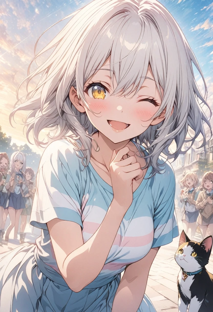 masterpiece, Highest quality, Highly detailed CG Unity 8k wallpaper, High School Girl Anime Illustration. Please wear a fitted, short-sleeved, striped knitted one-piece sweater.、She turns around and looks at this, she has her eyes closed and mouth open, smile. The background is a light pastel colored landscape., white hair color, Yellow Eyes, Cowboy Shot、Happy looking kitten,