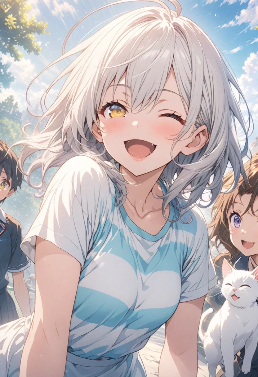 masterpiece, Highest quality, Highly detailed CG Unity 8k wallpaper, High School Girl Anime Illustration. Please wear a fitted, short-sleeved, striped knitted one-piece sweater.、She turns around and looks at this, she has her eyes closed and mouth open, smile. The background is a light pastel colored landscape., white hair color, Yellow Eyes, Cowboy Shot、Happy looking kitten,