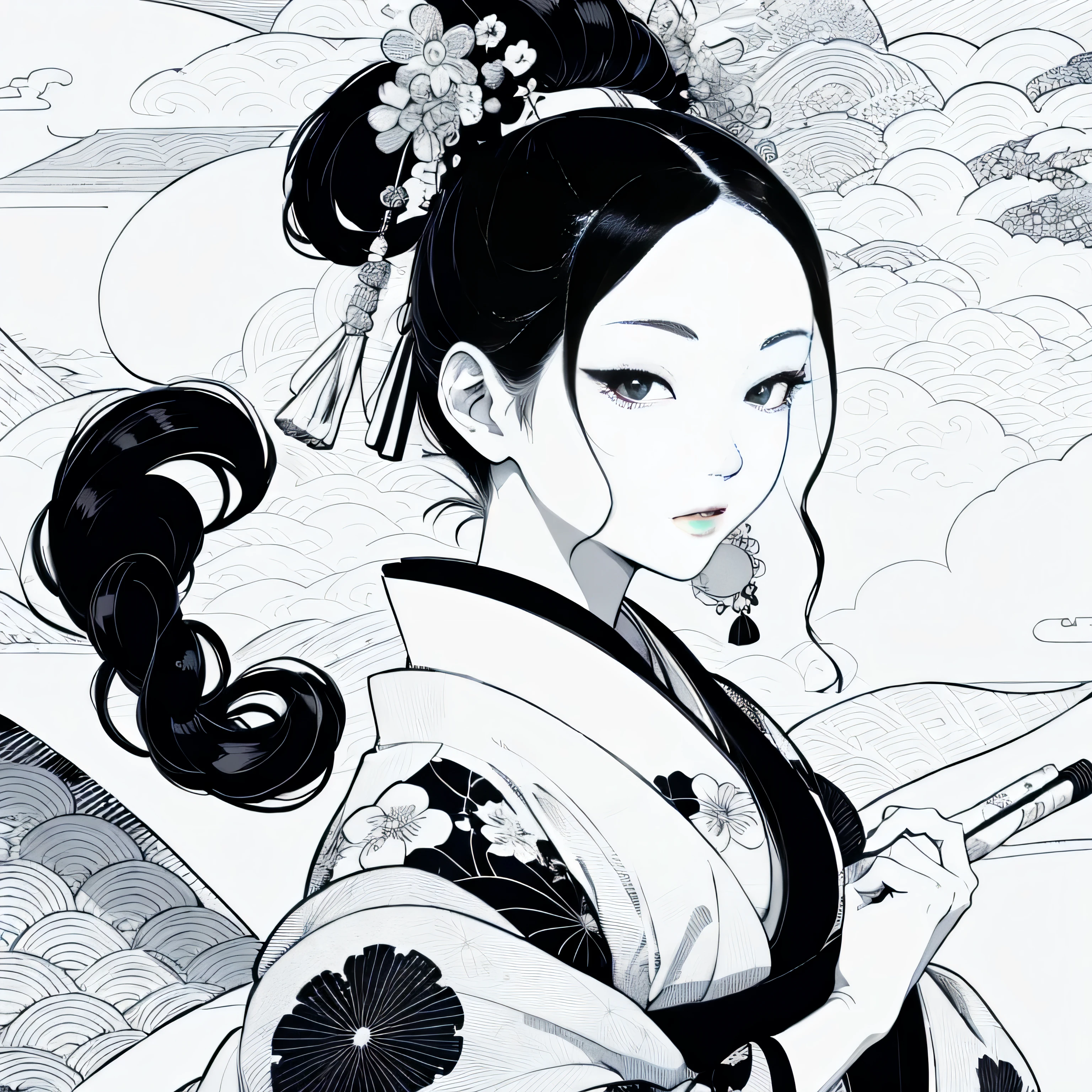 Create images inspired by the beauty of Japanese Ukiyo-e art, With delicate lines, Flat Color, Focus on patterns and composition. kimono white,kaleidoscope background,Black and White